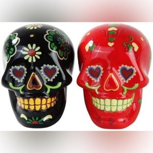 Pacific Trading Day of the Dead Black & Red Sugar Skull Salt & Pepper Shaker Set
